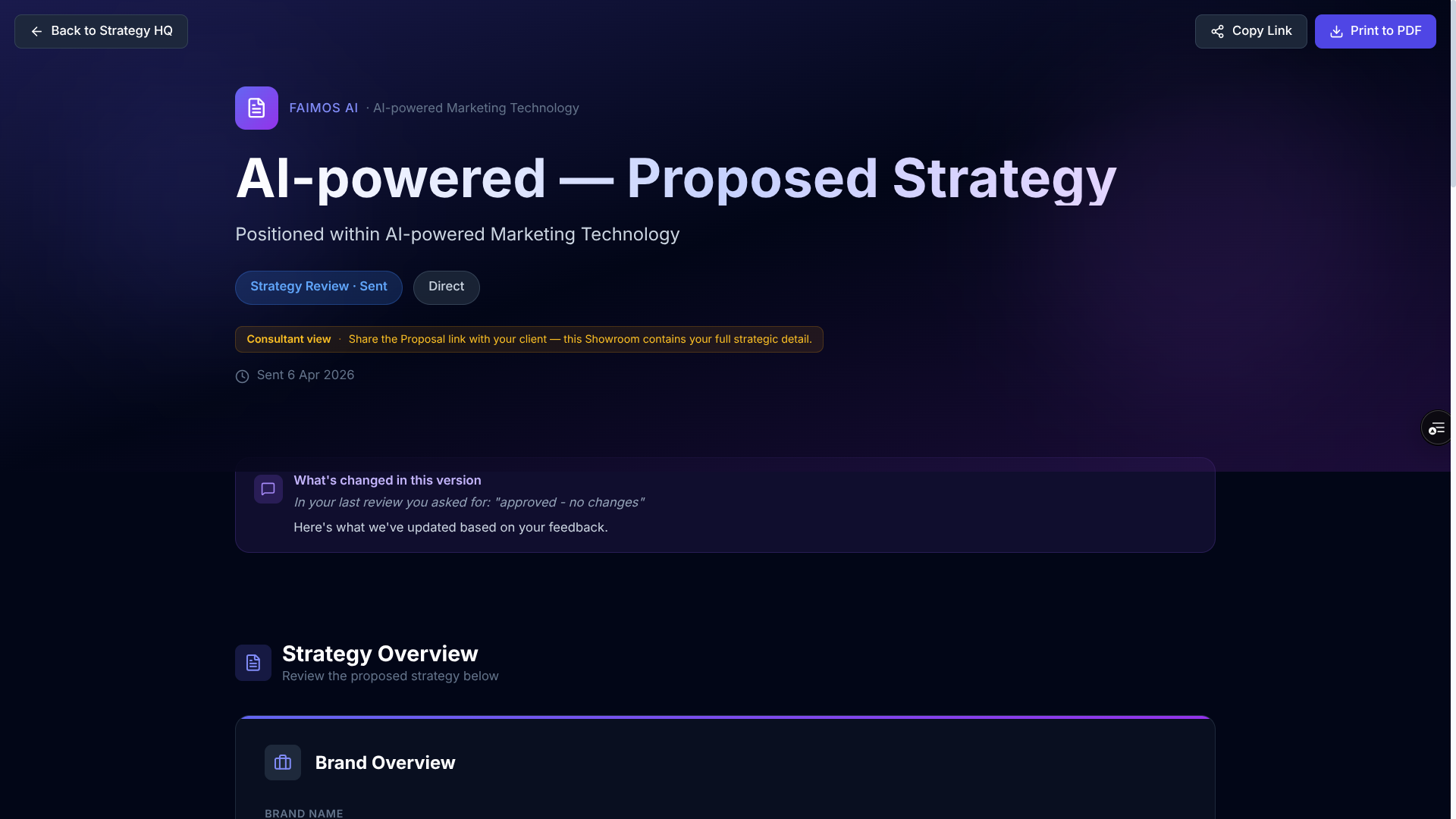 FAImos — Headline FAImos Showroom — AI-powered Proposed Strategy